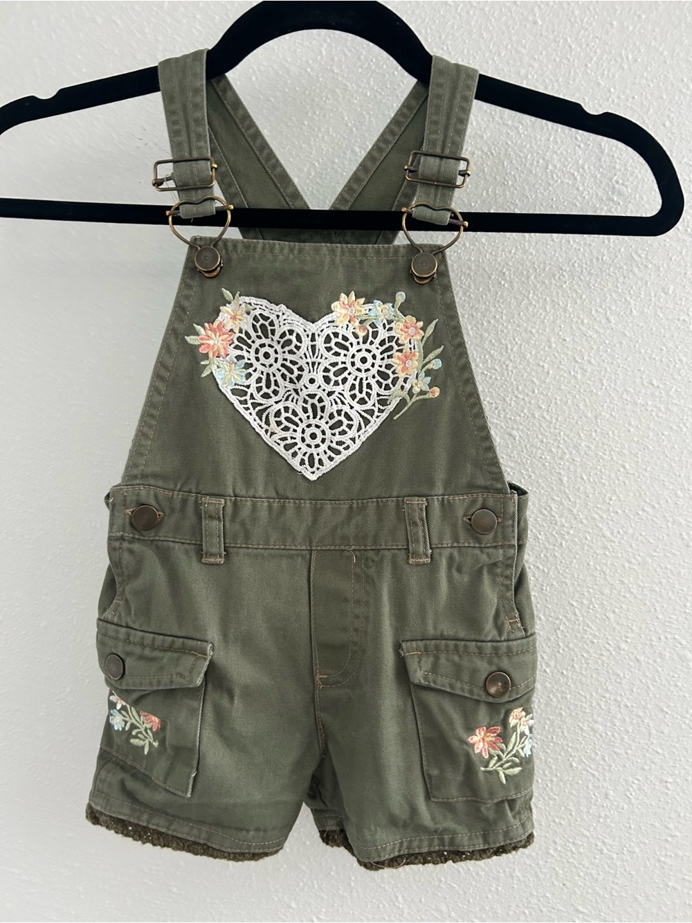 Kids Olive Green Floral Heart Lace Overall Shorts